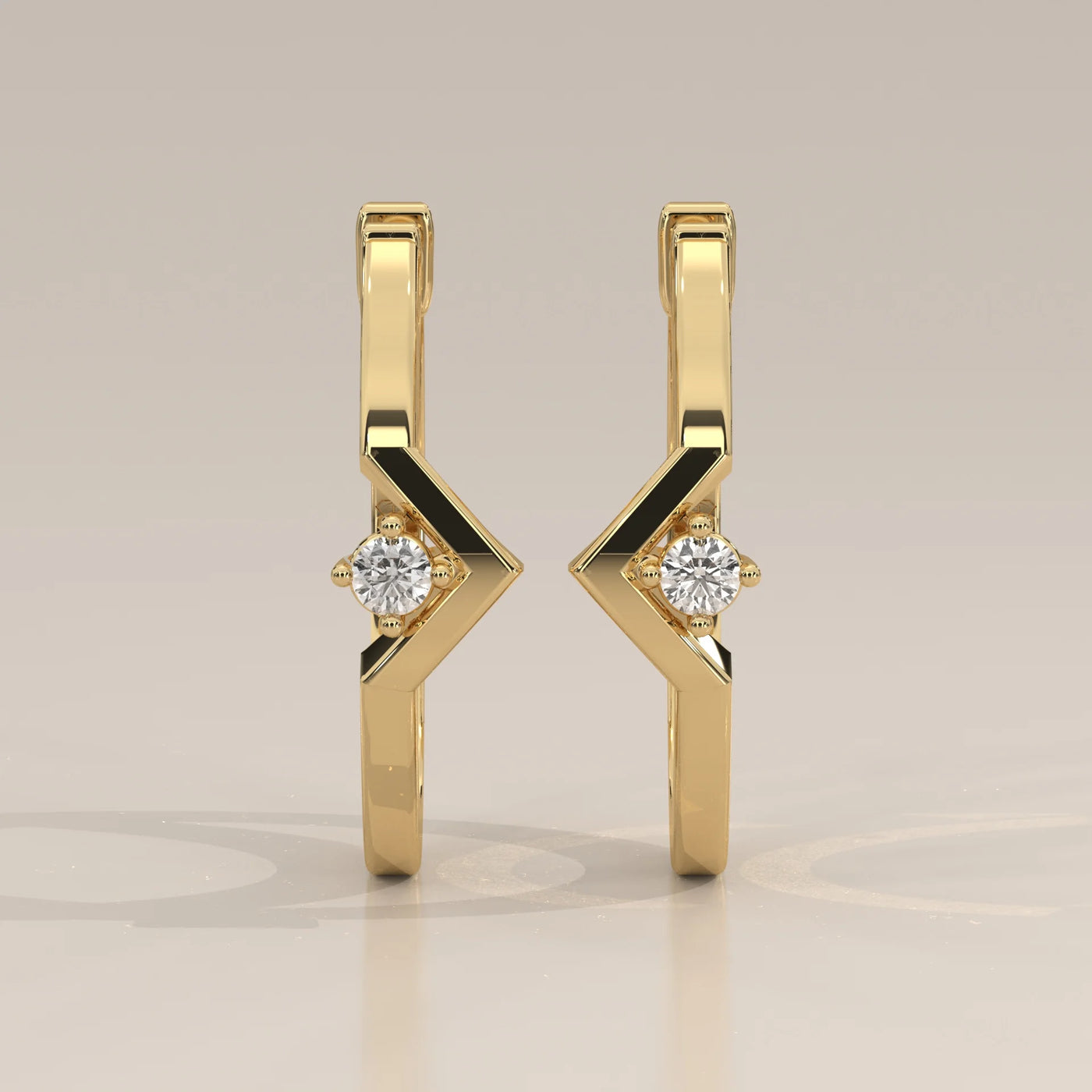 Front View: Round Diamond Huggie Hoop Earrings with Solitaire Setting in Yellow Gold – Lab Grown – Driona Jewels