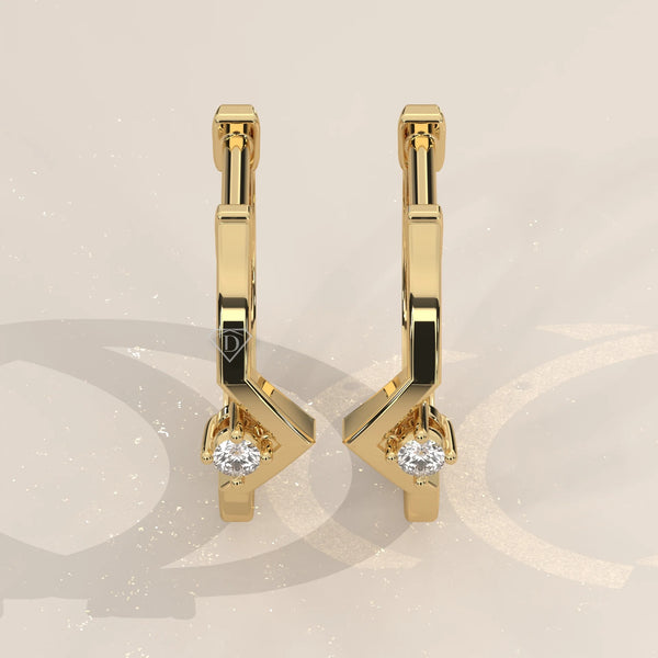 Pair Front View: Round Diamond Huggie Hoop Earrings with Solitaire Setting in Yellow Gold – Lab Grown – Driona Jewels