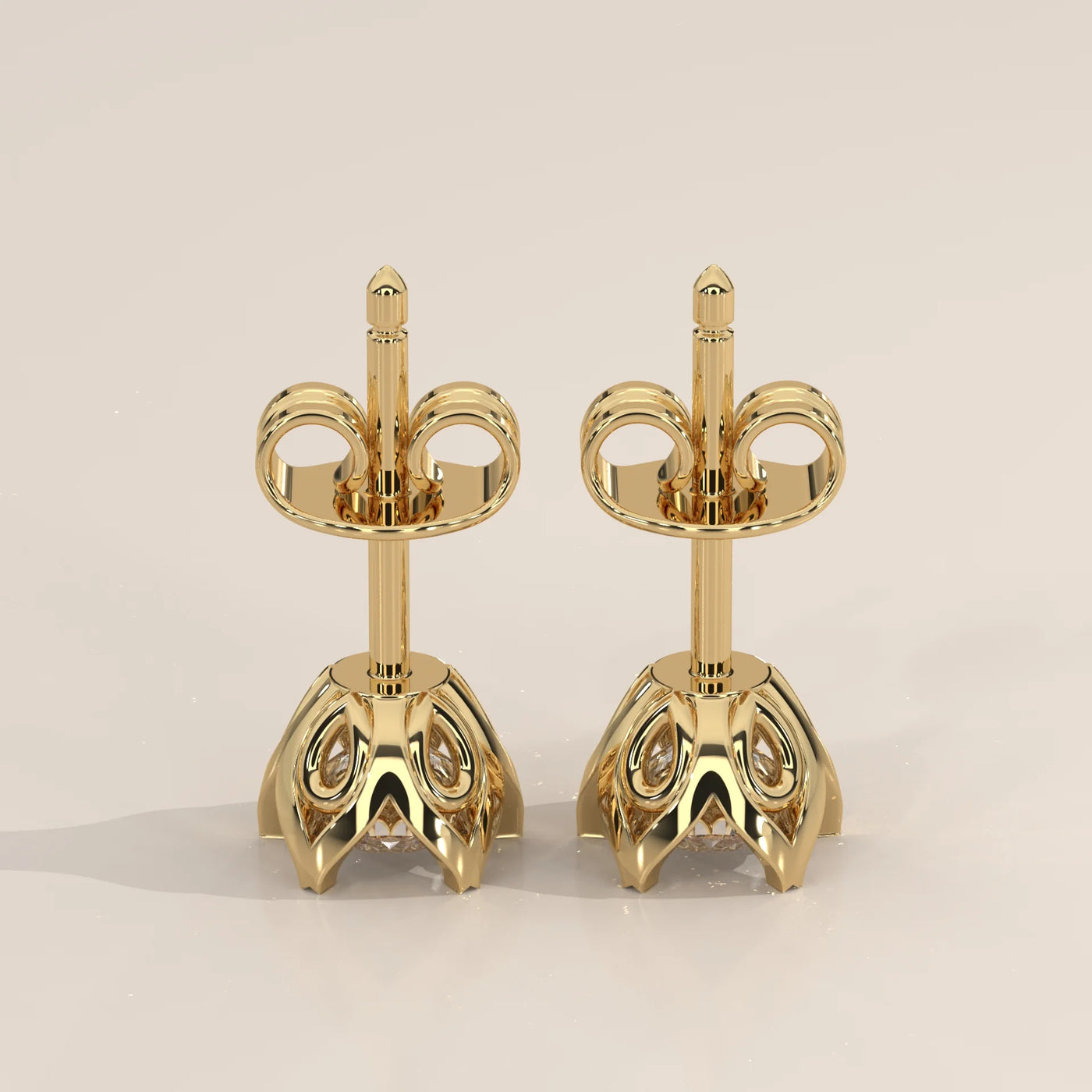 Angle View: Round Diamond Stud Earrings with Solitaire Setting in Yellow Gold – Lab Grown – Driona Jewels