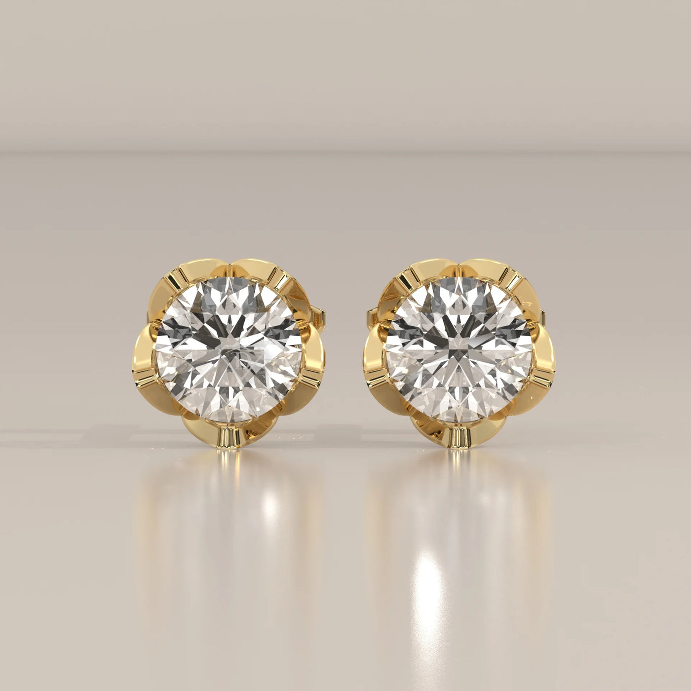 Front View: Round Diamond Stud Earrings with Solitaire Setting in Yellow Gold – Lab Grown – Driona Jewels
