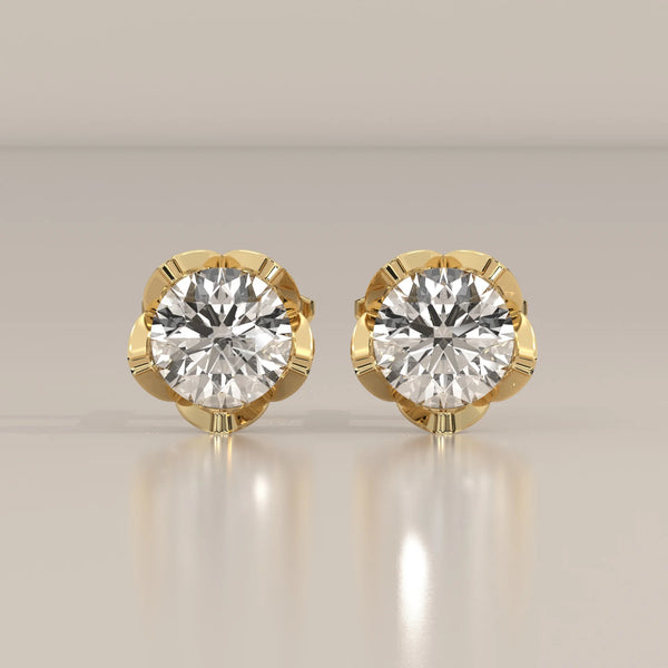 Front View: Round Diamond Stud Earrings with Solitaire Setting in Yellow Gold – Lab Grown – Driona Jewels