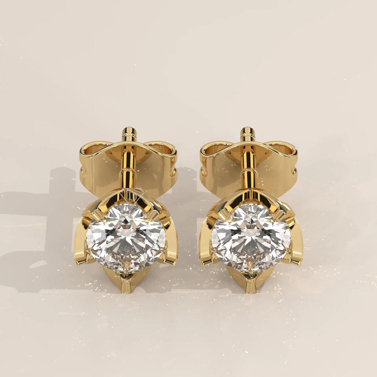 Pair Front View: Round Diamond Stud Earrings with Solitaire Setting in Yellow Gold – Lab Grown – Driona Jewels