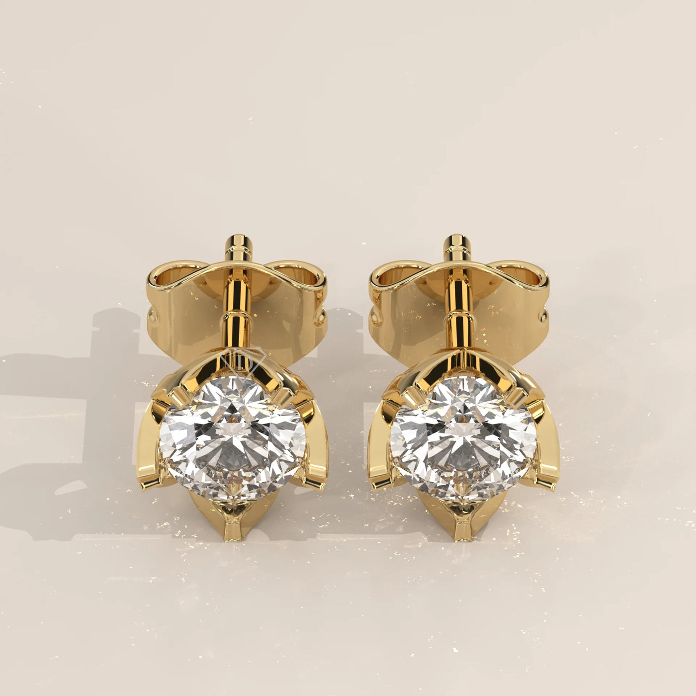 Pair Front View: Round Diamond Stud Earrings with Solitaire Setting in Yellow Gold – Lab Grown – Driona Jewels