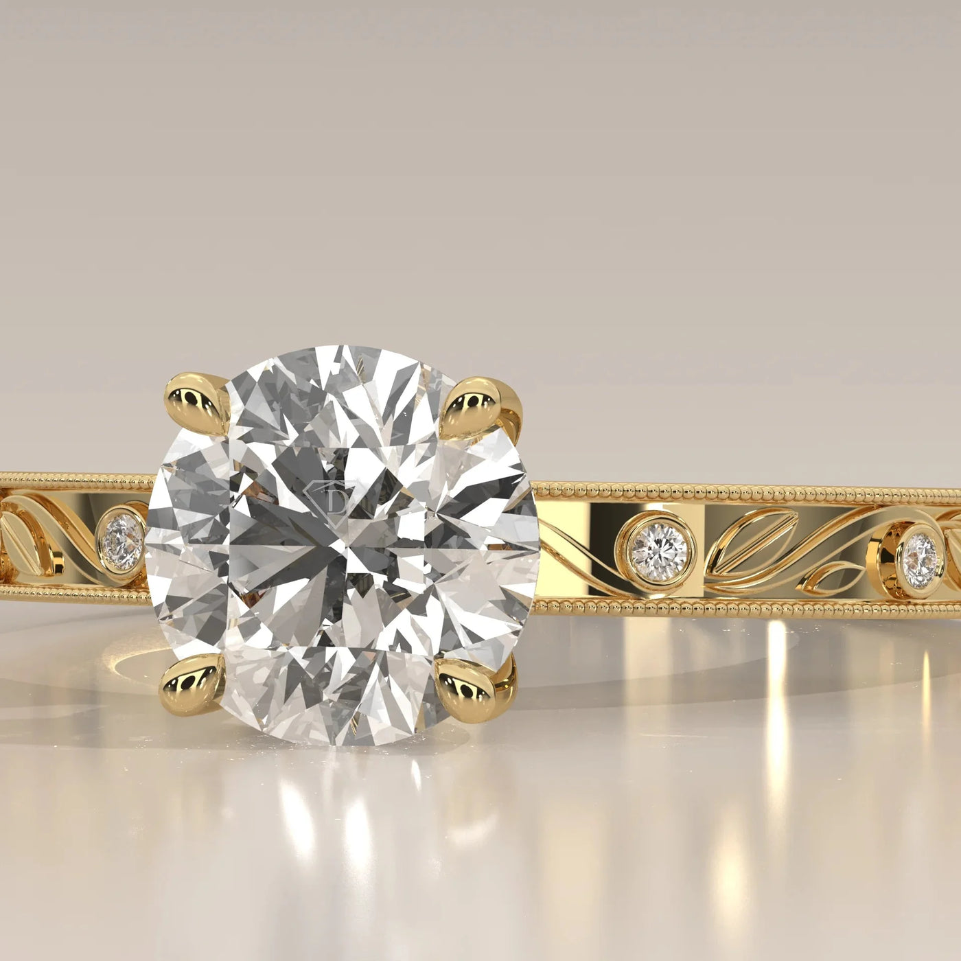 Front View: Round Diamond Ring with Solitaire Setting in Yellow Gold – Lab Grown – Driona Jewels