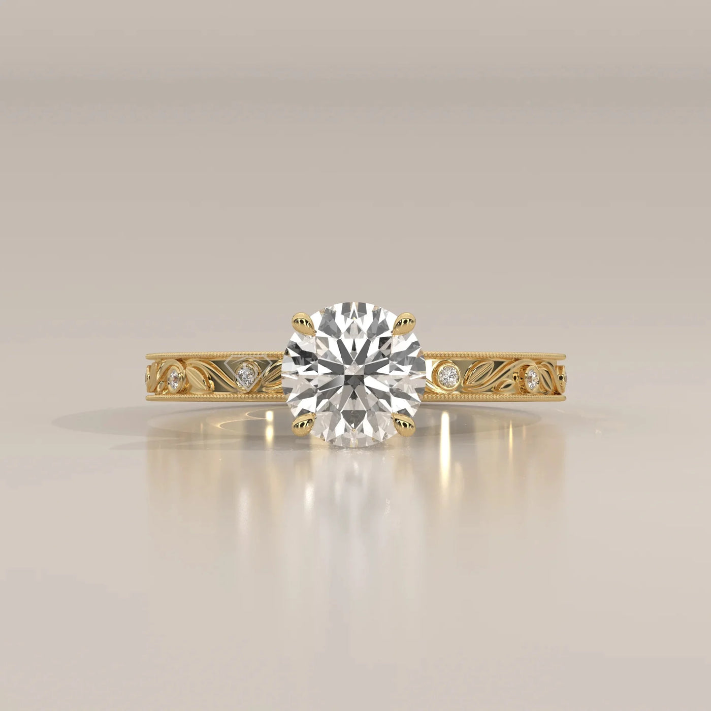 Front View: Round Diamond Ring with Solitaire Setting in Yellow Gold – Lab Grown – Driona Jewels