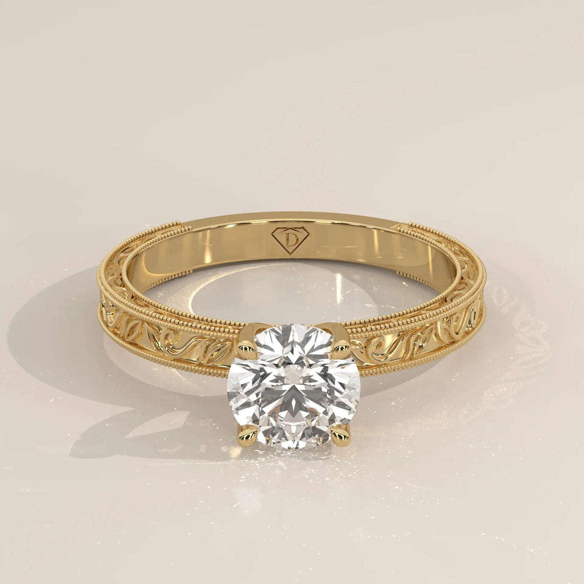 Front View: Round Diamond Ring with Solitaire Setting in Yellow Gold – Lab Grown – Driona Jewels