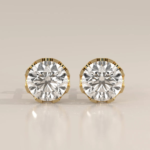 Round Solitaire Lab Grown Diamond Studs in a Crown Setting in yellow gold, shown from the front.
