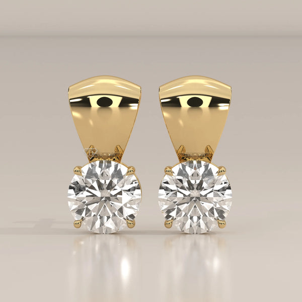 Round Solitaire Lab Grown Diamond Studs Under a Polished Gold Cap in yellow gold, shown from the front.