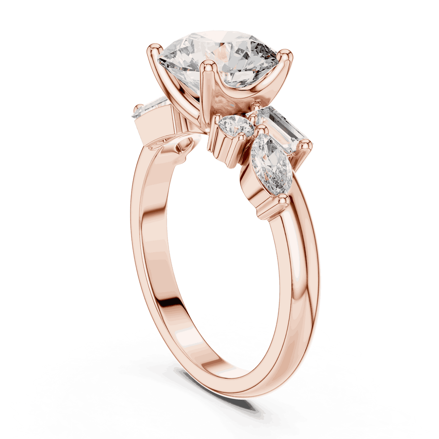 Round Lab Grown Diamond Ring with Mixed Shape Side Stones