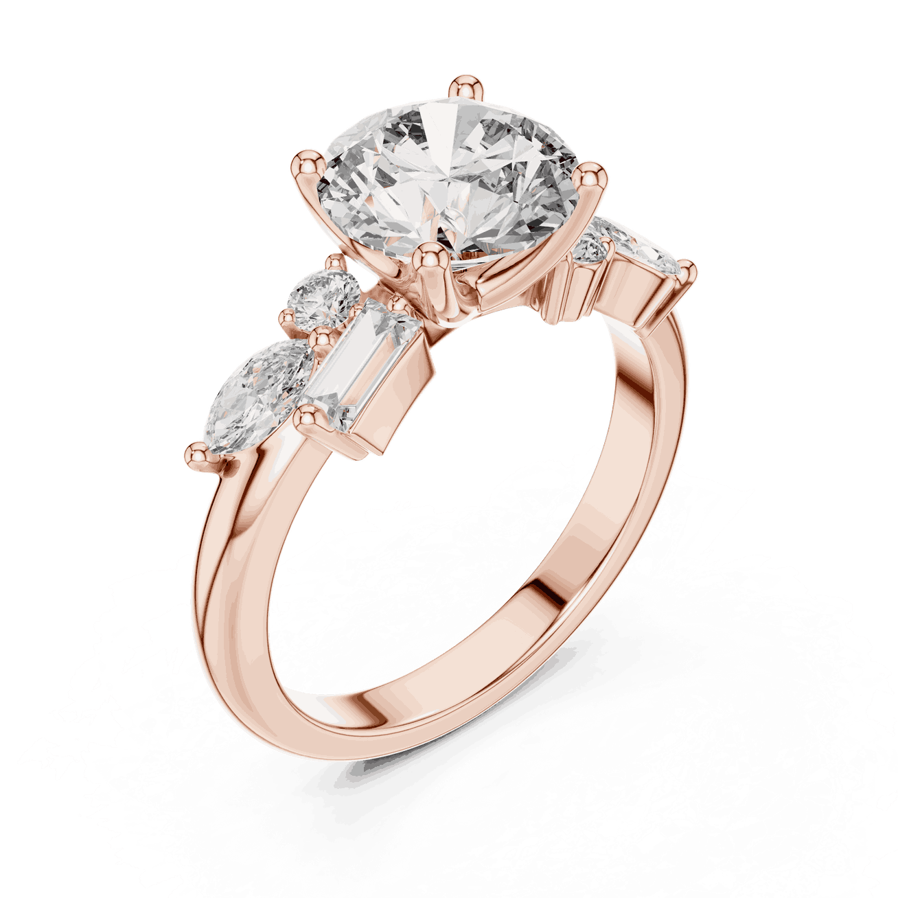 Round Lab Grown Diamond Ring with Mixed Shape Side Stones