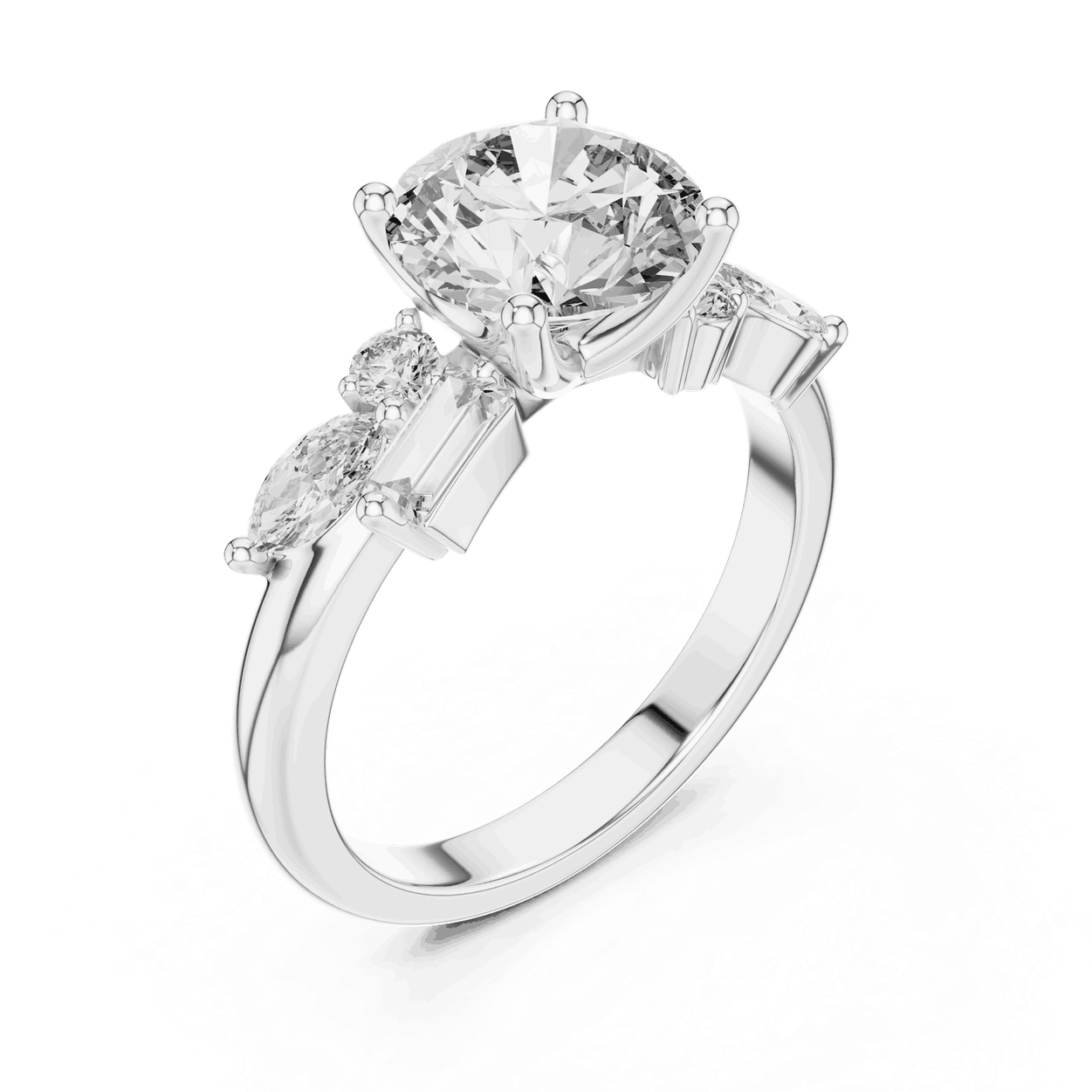 Round Lab Grown Diamond Ring with Mixed Shape Side Stones