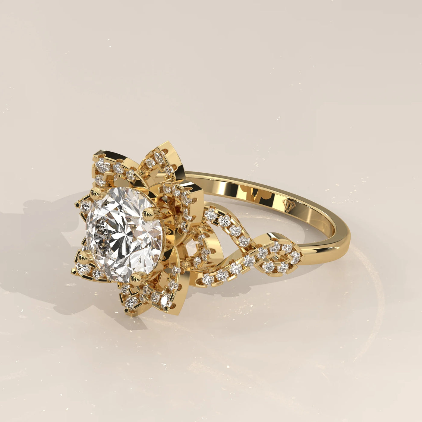 Angle View: Round Diamond Engagement Ring with Halo Setting in Yellow Gold – Lab Grown – Driona Jewels