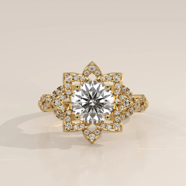 Side Profile: Round Diamond Engagement Ring with Halo Setting in Yellow Gold – Lab Grown – Driona Jewels