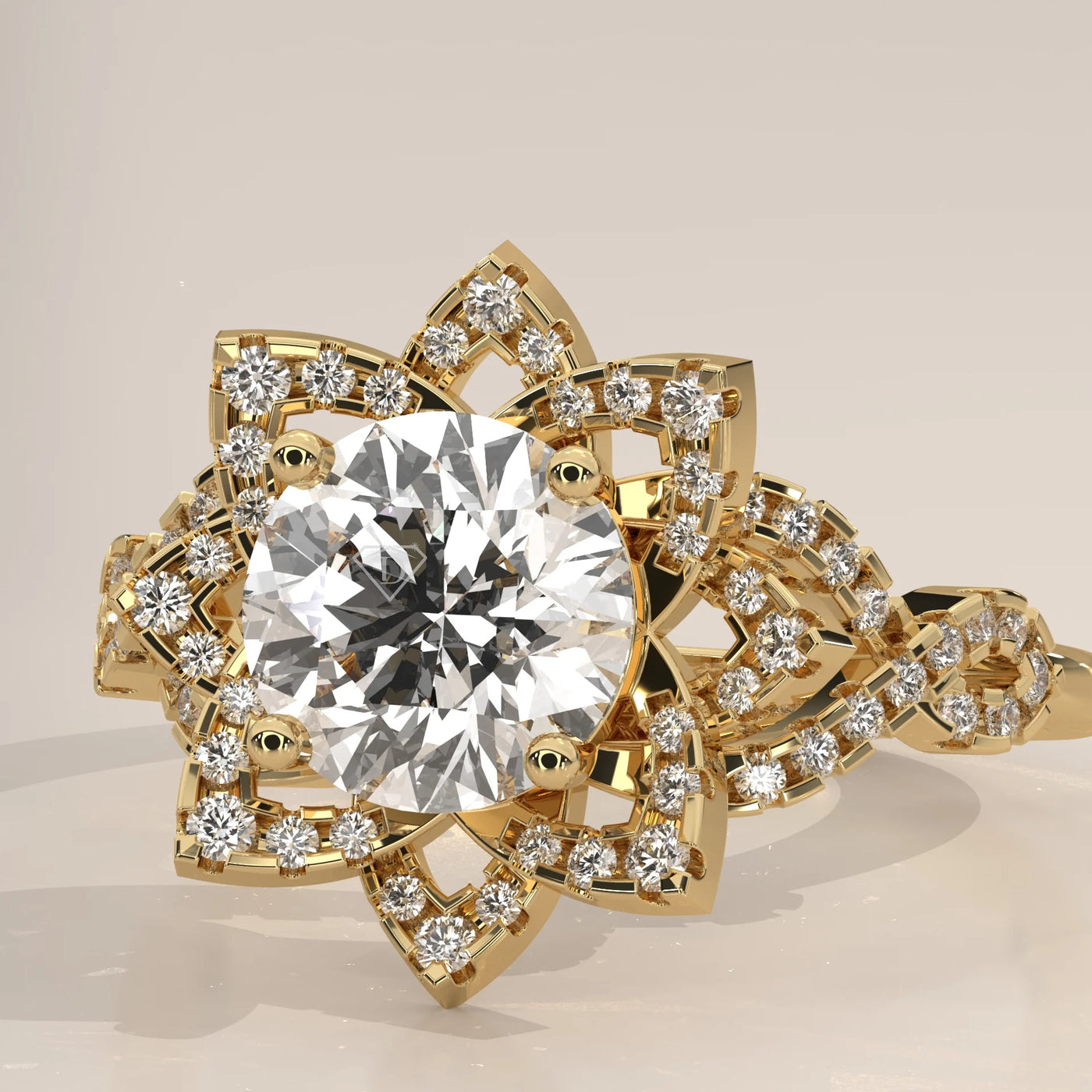 Stone Detail: Round Lab Grown Diamonds in Halo Setting – Yellow Gold – Driona Jewels
