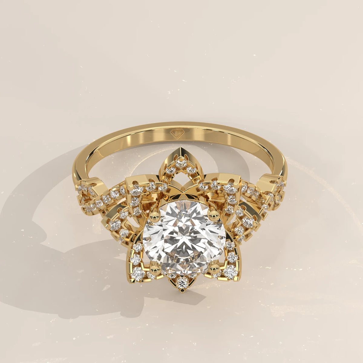 Three-Quarter View: Round Diamond Engagement Ring with Halo Setting in Yellow Gold – Lab Grown – Driona Jewels