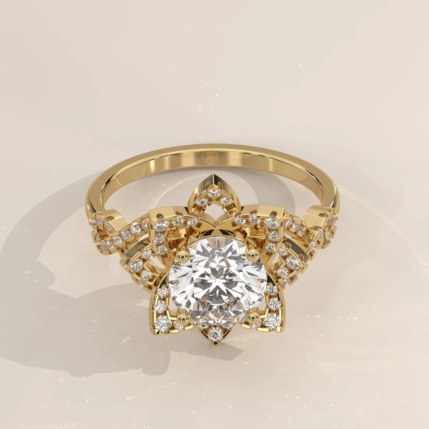 Three-Quarter View: Round Diamond Engagement Ring with Halo Setting in Yellow Gold – Lab Grown – Driona Jewels