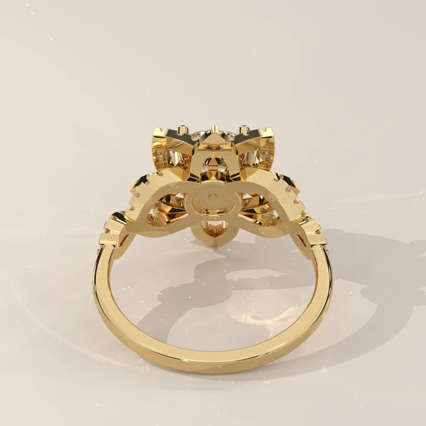Top View: Round Diamond Engagement Ring with Halo Setting in Yellow Gold – Lab Grown – Driona Jewels