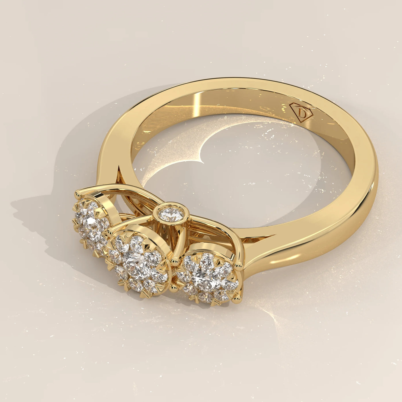 Angle View: Round Diamond Ring with Three-Stone Setting in Yellow Gold – Lab Grown – Driona Jewels