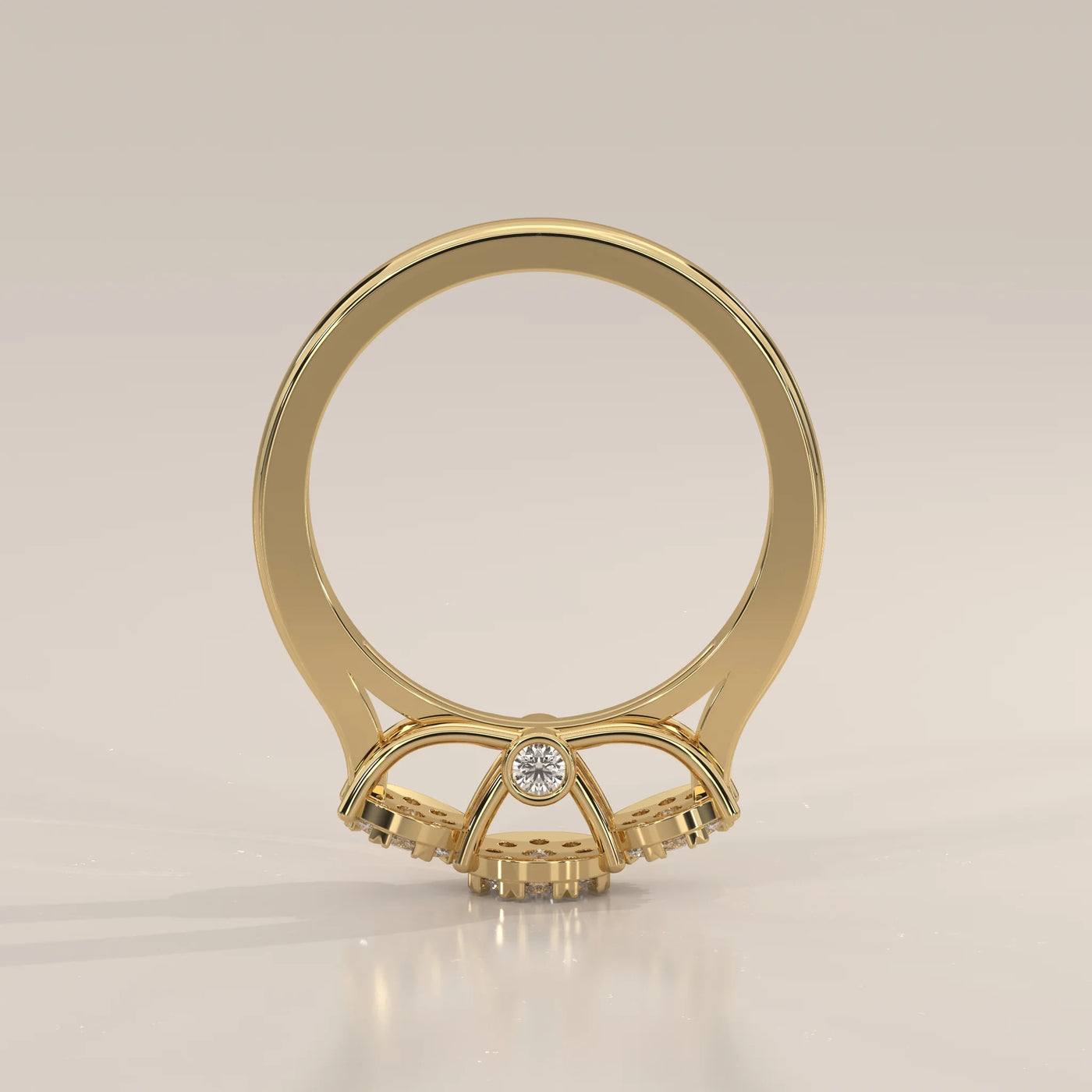 Front View: Round Diamond Ring with Three-Stone Setting in Yellow Gold – Lab Grown – Driona Jewels