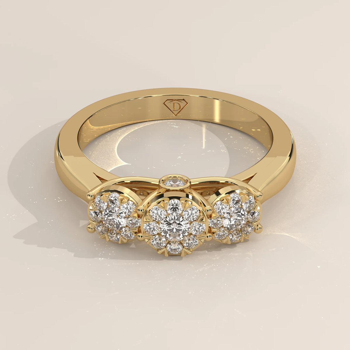 Three-Quarter View: Round Diamond Ring with Three-Stone Setting in Yellow Gold – Lab Grown – Driona Jewels