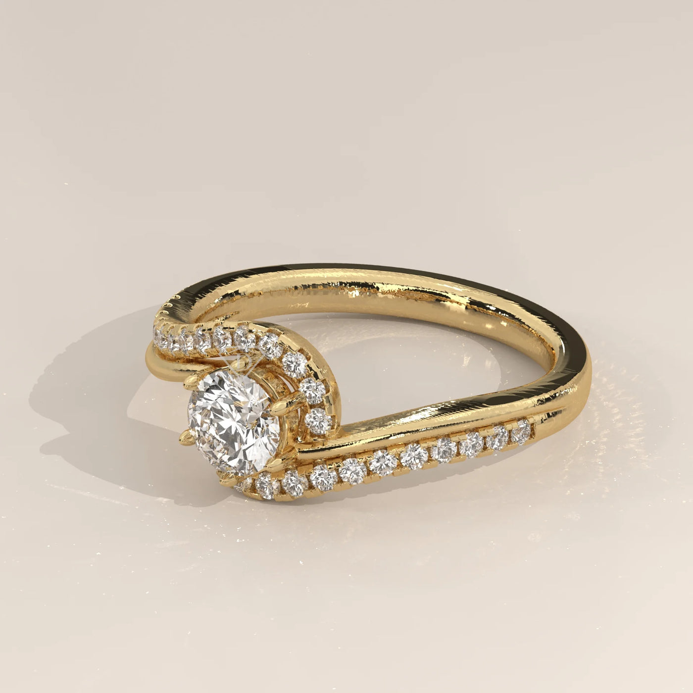 Angle View: Round Diamond Ring with Twisted Setting in Yellow Gold – Lab Grown – Driona Jewels