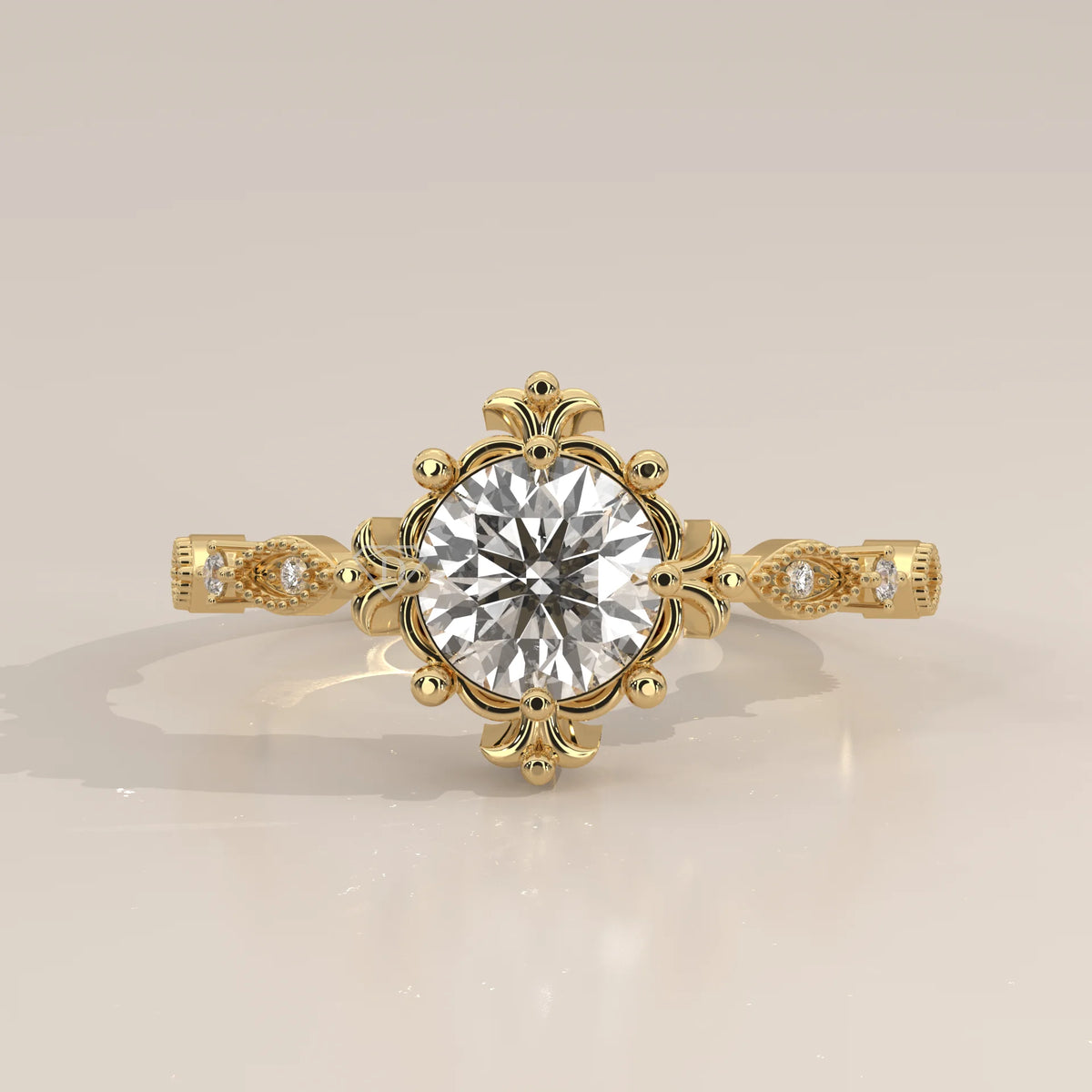 Side Profile: Round Diamond Engagement Ring with Halo Setting in Yellow Gold – Lab Grown – Driona Jewels