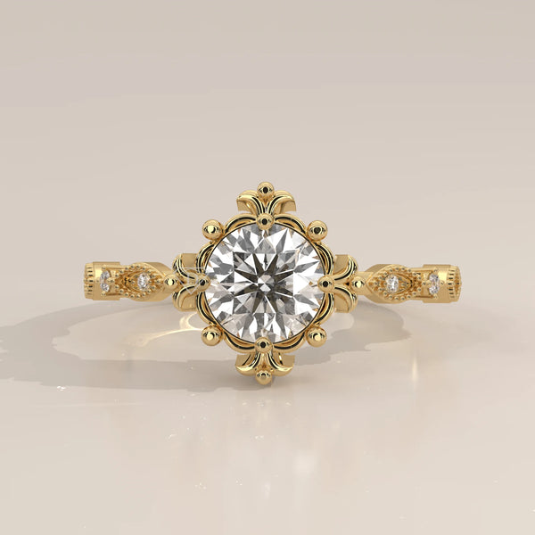 Side Profile: Round Diamond Engagement Ring with Halo Setting in Yellow Gold – Lab Grown – Driona Jewels
