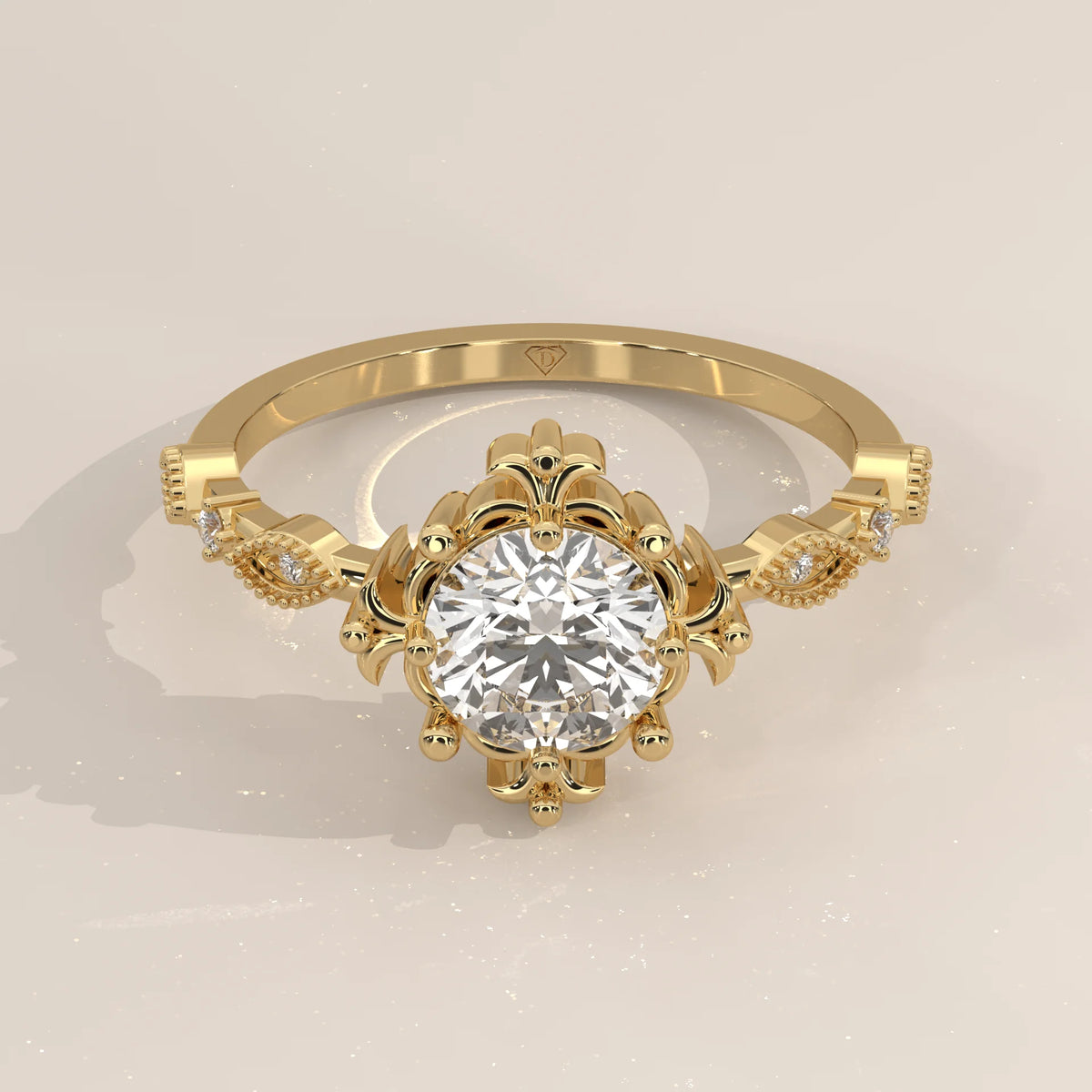 Three-Quarter View: Round Diamond Engagement Ring with Halo Setting in Yellow Gold – Lab Grown – Driona Jewels