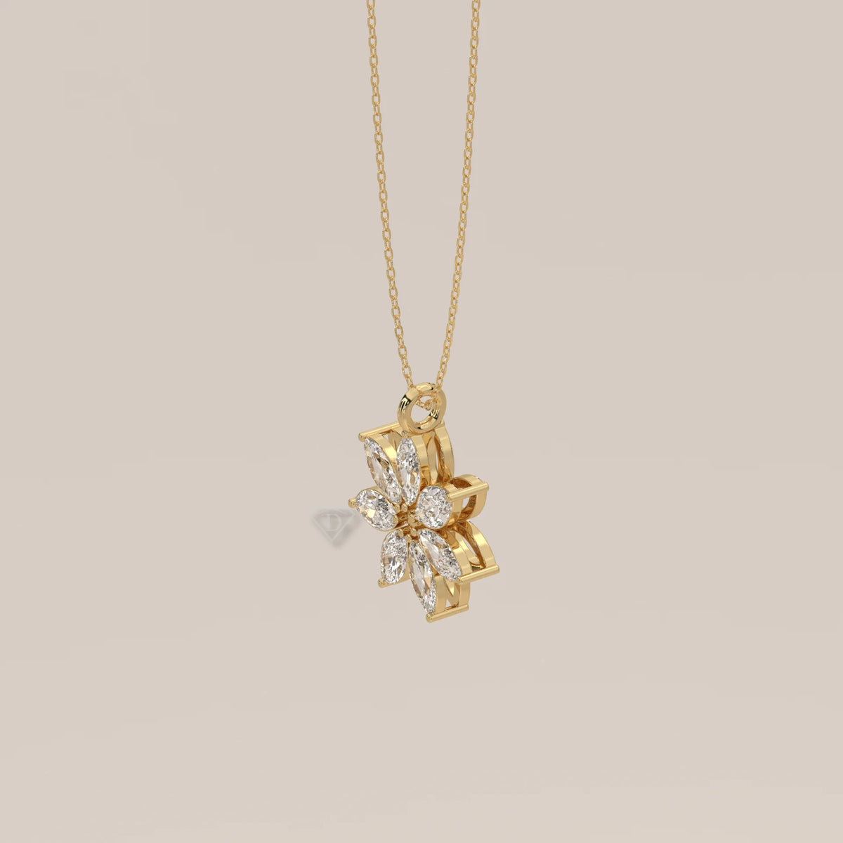 Seven Marquise Lab Grown Diamond Petal Flower Pendant in yellow gold, photographed head-on.