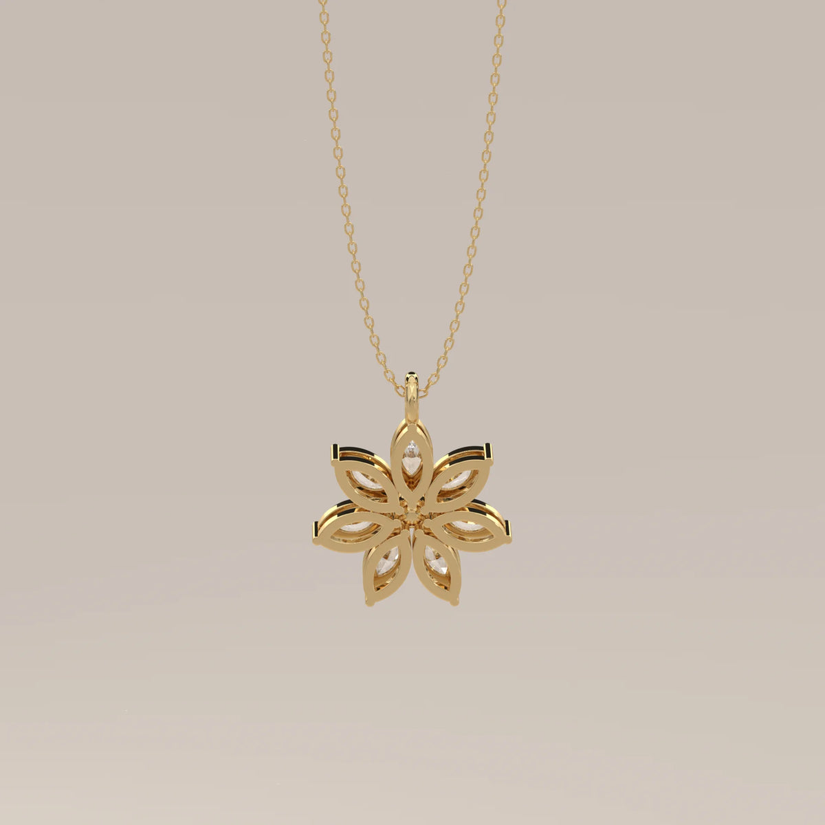 Seven Marquise Lab Grown Diamond Petal Flower Pendant in yellow gold, front view on a plain background.