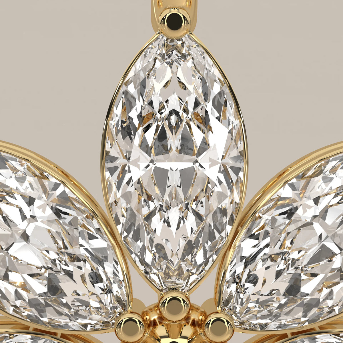 Seven Marquise Lab Grown Diamond Petal Flower Pendant in yellow gold, product photograph on a plain background.