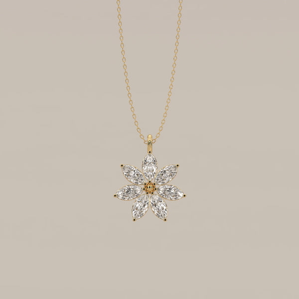 Seven Marquise Lab Grown Diamond Petal Flower Pendant in yellow gold, shown from the front.
