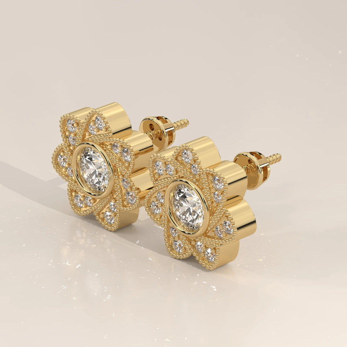 Seven Petal Flower Lab Grown Diamond Studs with Beaded Edges in yellow gold, shown on a plain background.