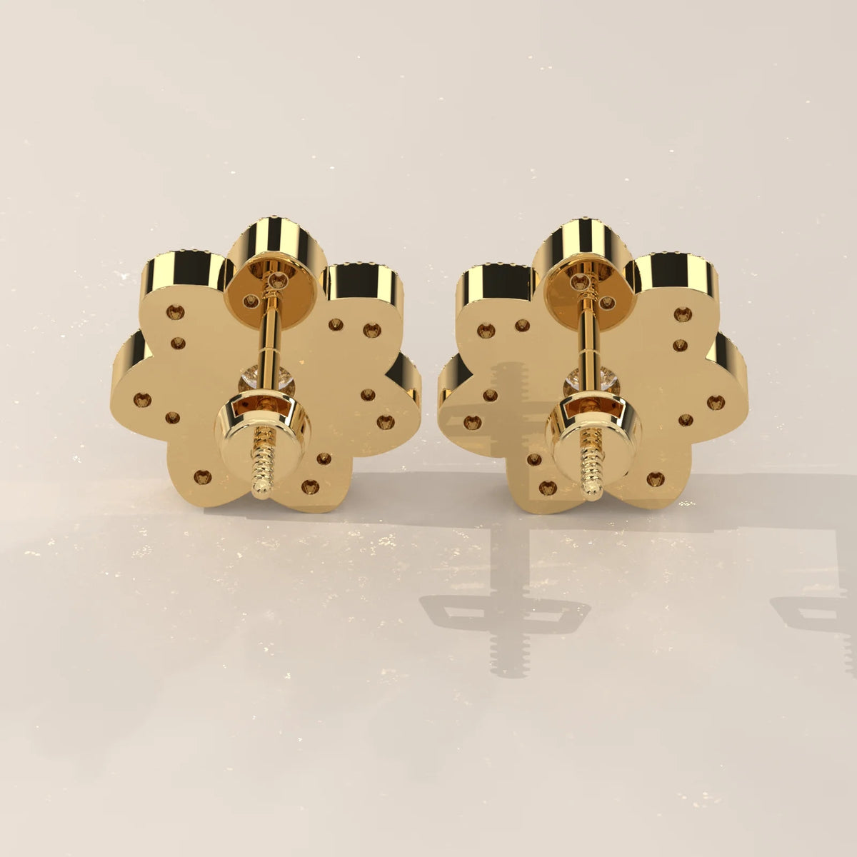 Seven Petal Flower Lab Grown Diamond Studs with Beaded Edges in yellow gold, product photograph on a plain background.