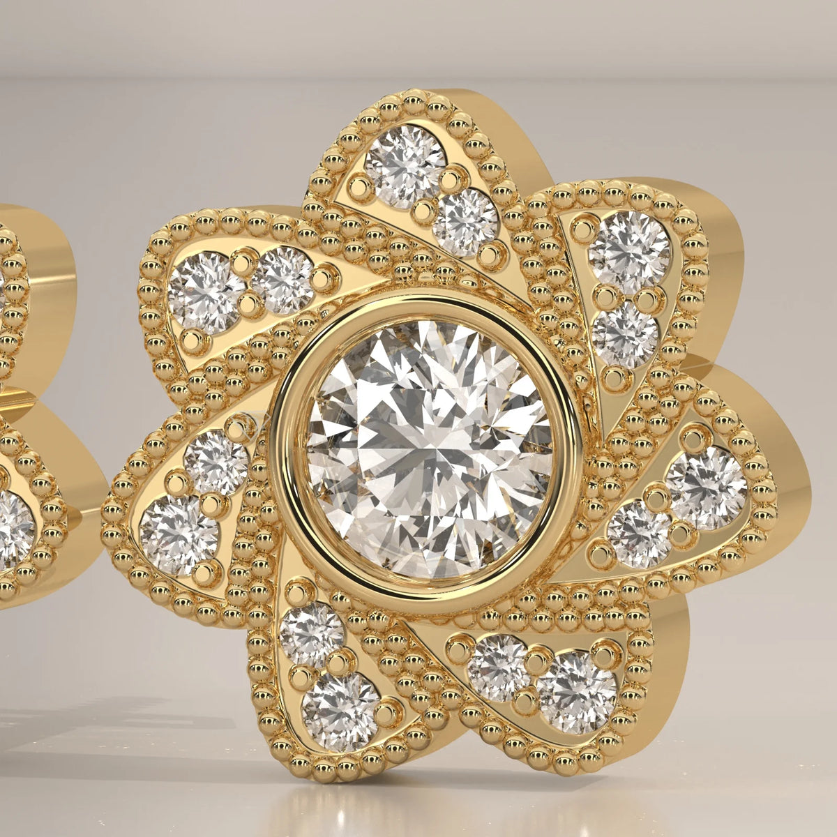 Seven Petal Flower Lab Grown Diamond Studs with Beaded Edges in yellow gold, photographed head-on.