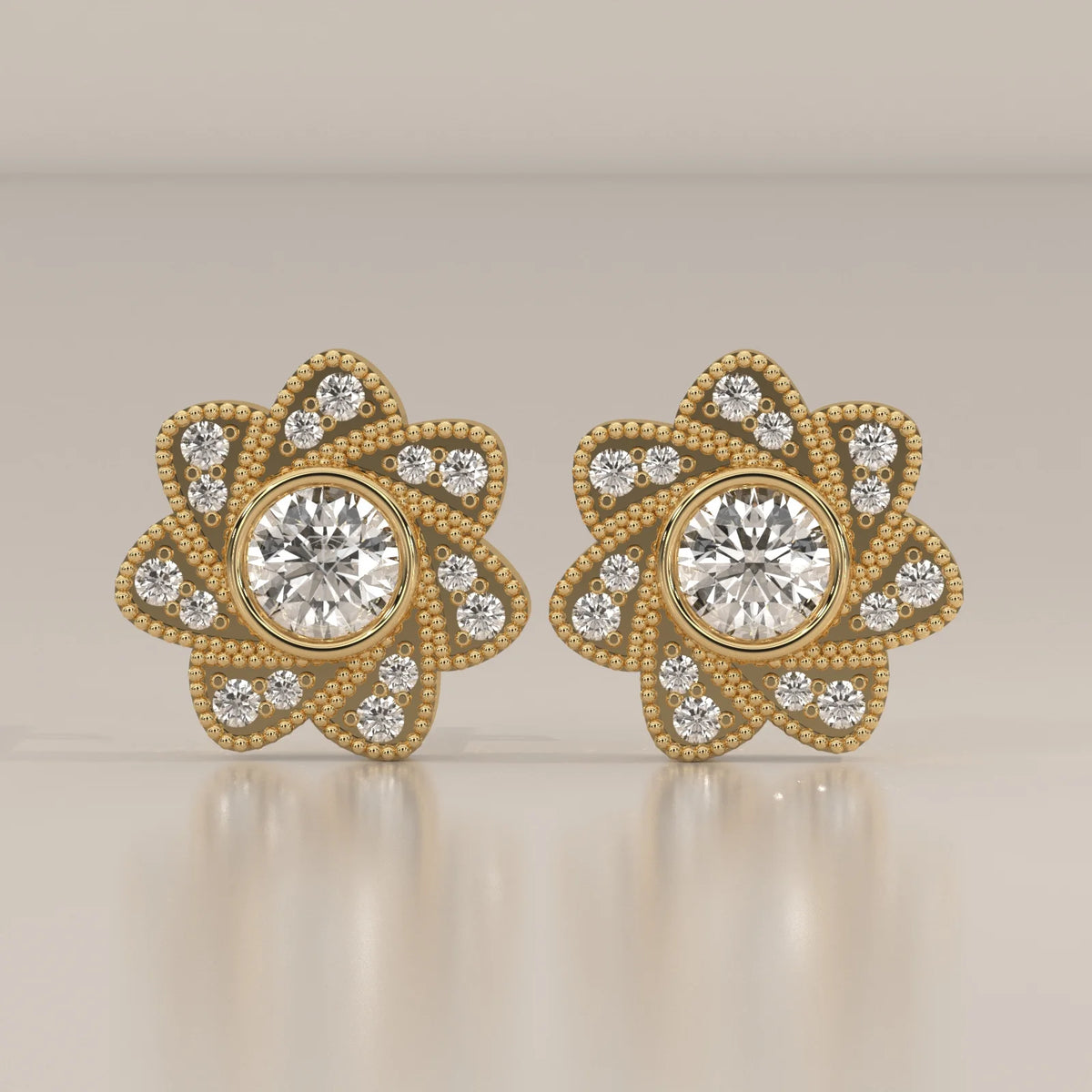 Seven Petal Flower Lab Grown Diamond Studs with Beaded Edges in yellow gold, shown from the front.