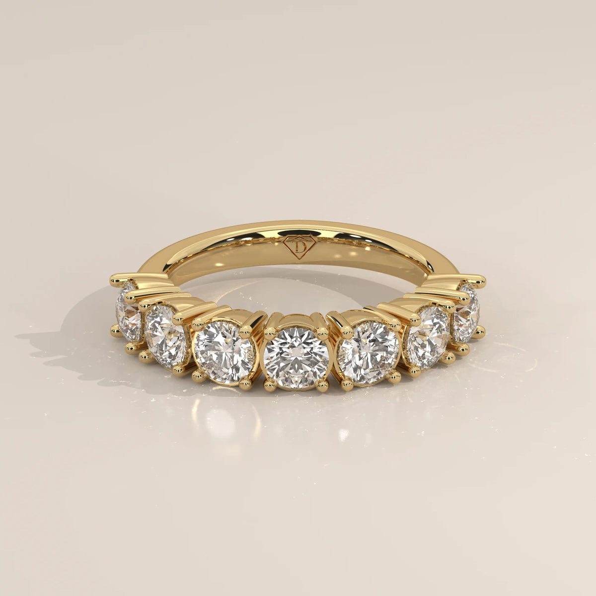 Three-Quarter View: Round Diamond Half Eternity Band with Shared Prong Setting in Yellow Gold – Lab Grown – Driona Jewels