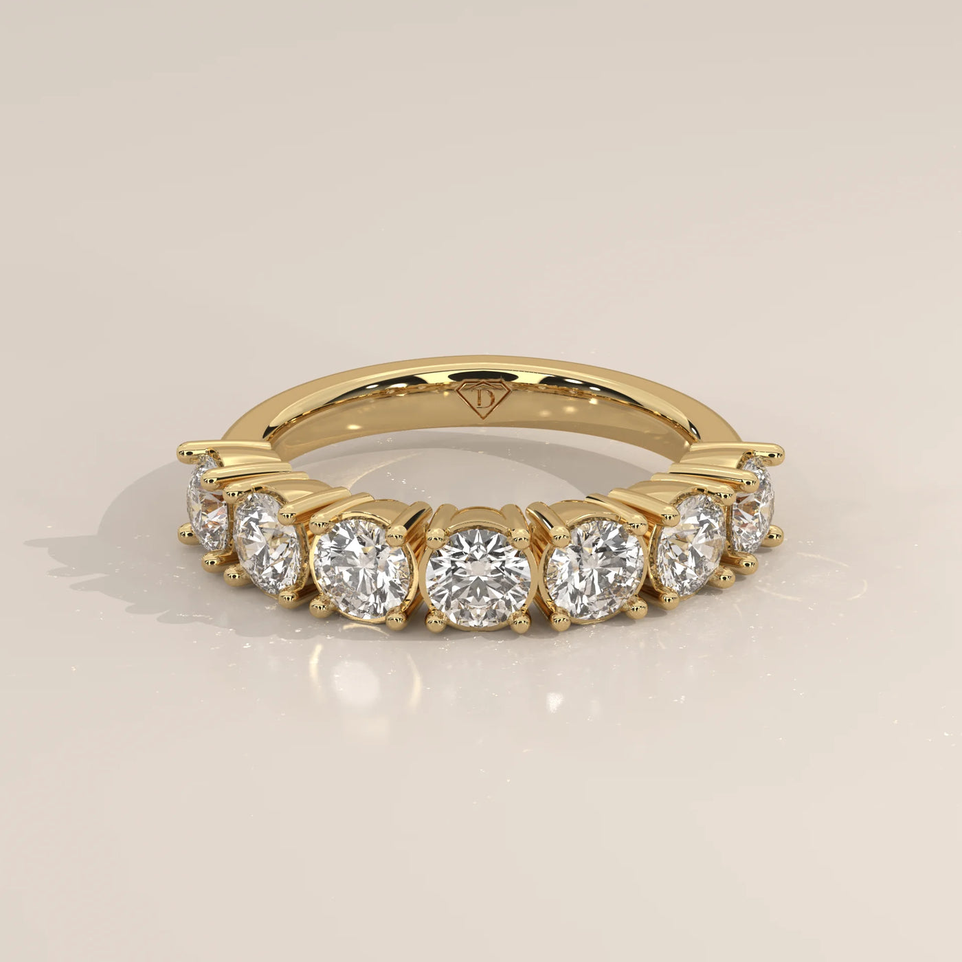 Three-Quarter View: Round Diamond Half Eternity Band with Shared Prong Setting in Yellow Gold – Lab Grown – Driona Jewels