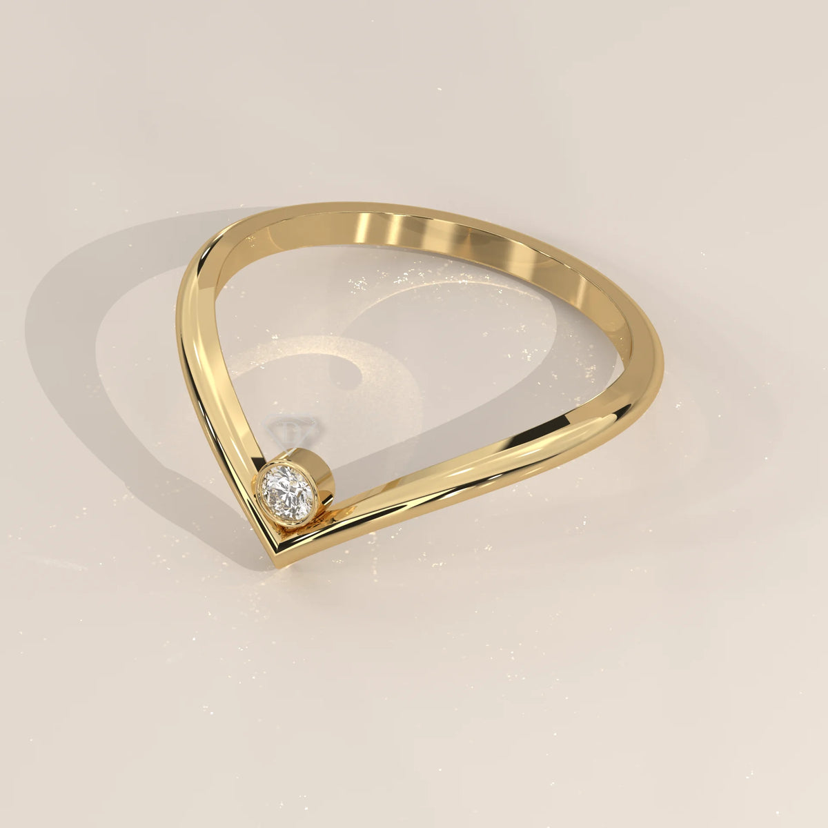 Sharp V Chevron Band with a Single Bezel Set Diamond in yellow gold, shown at an angle.