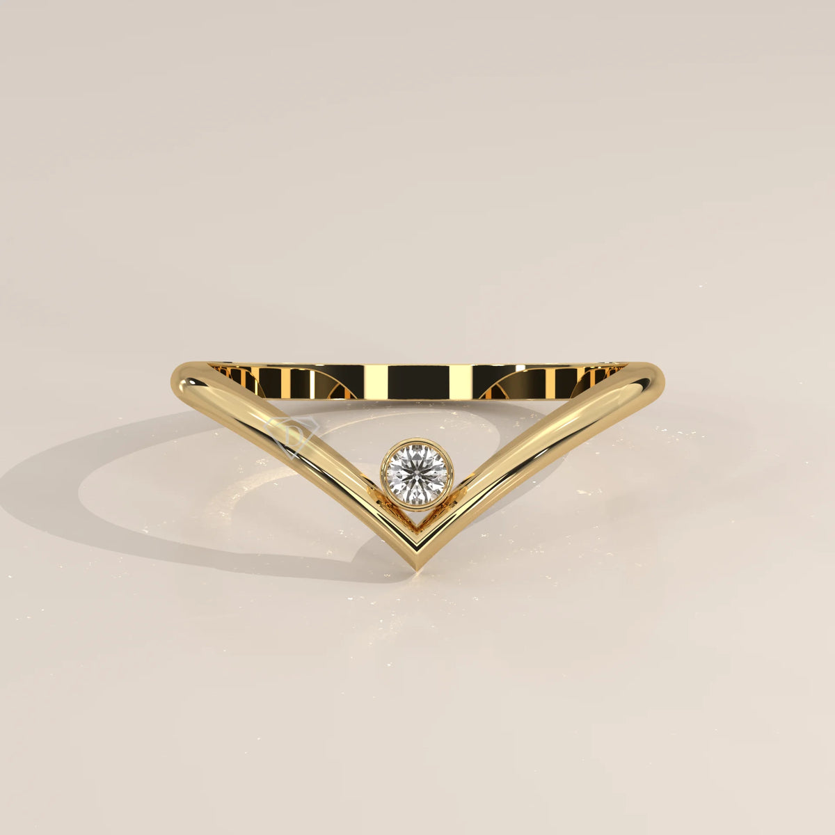 Sharp V Chevron Band with a Single Bezel Set Diamond in yellow gold, photographed head-on.