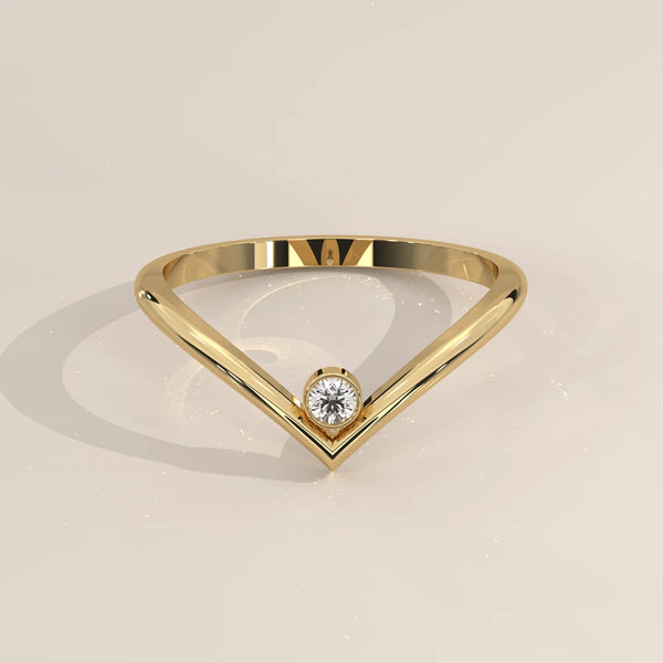 Sharp V Chevron Band with a Single Bezel Set Diamond in yellow gold, shown from the front.