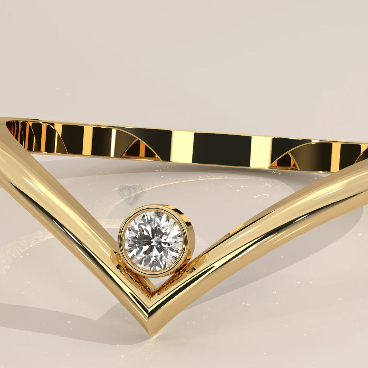 Sharp V Chevron Band with a Single Bezel Set Diamond in yellow gold, shown on a plain background.