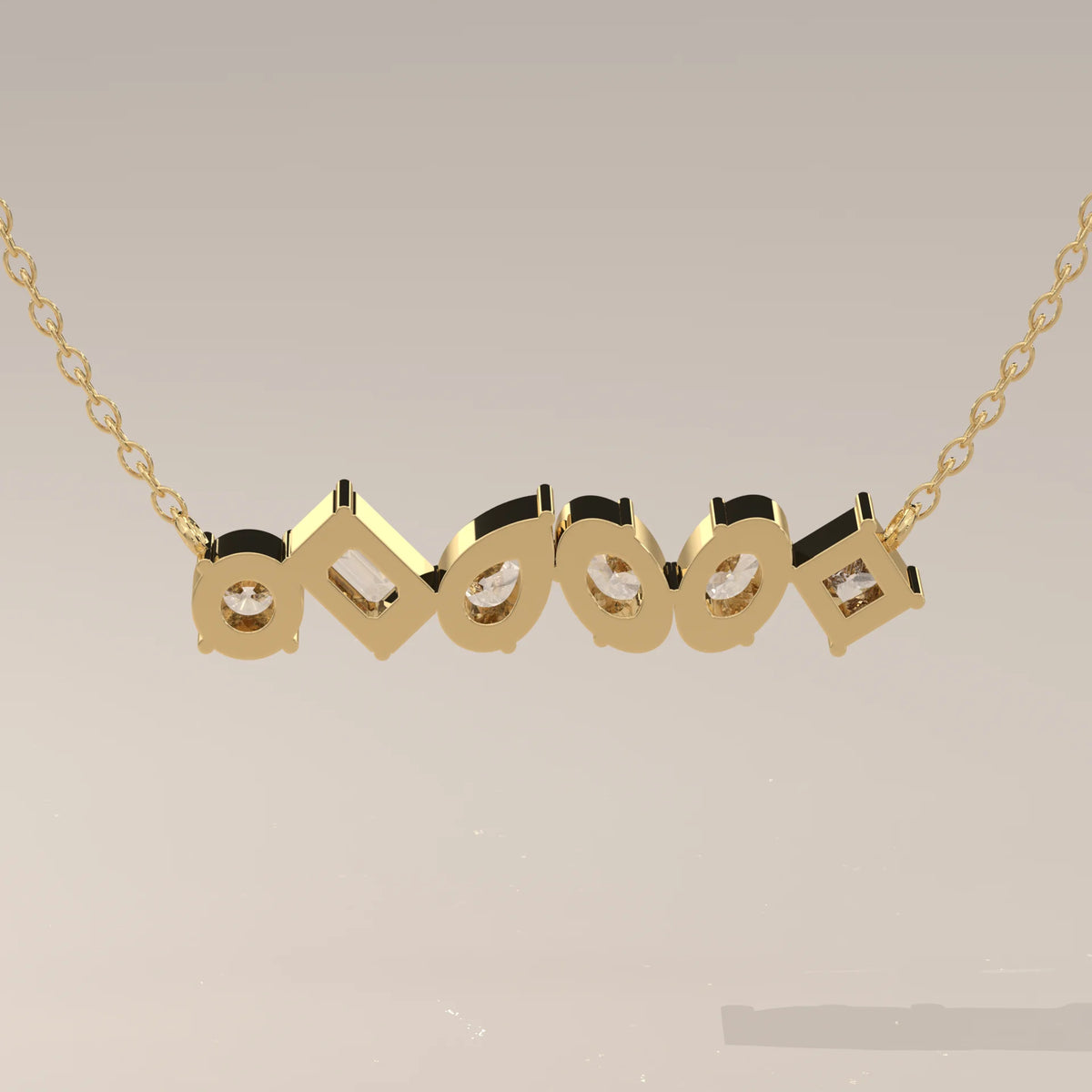 Six Mixed Cut Lab Grown Diamond East West Bar Pendant in yellow gold, photographed at a three-quarter angle.
