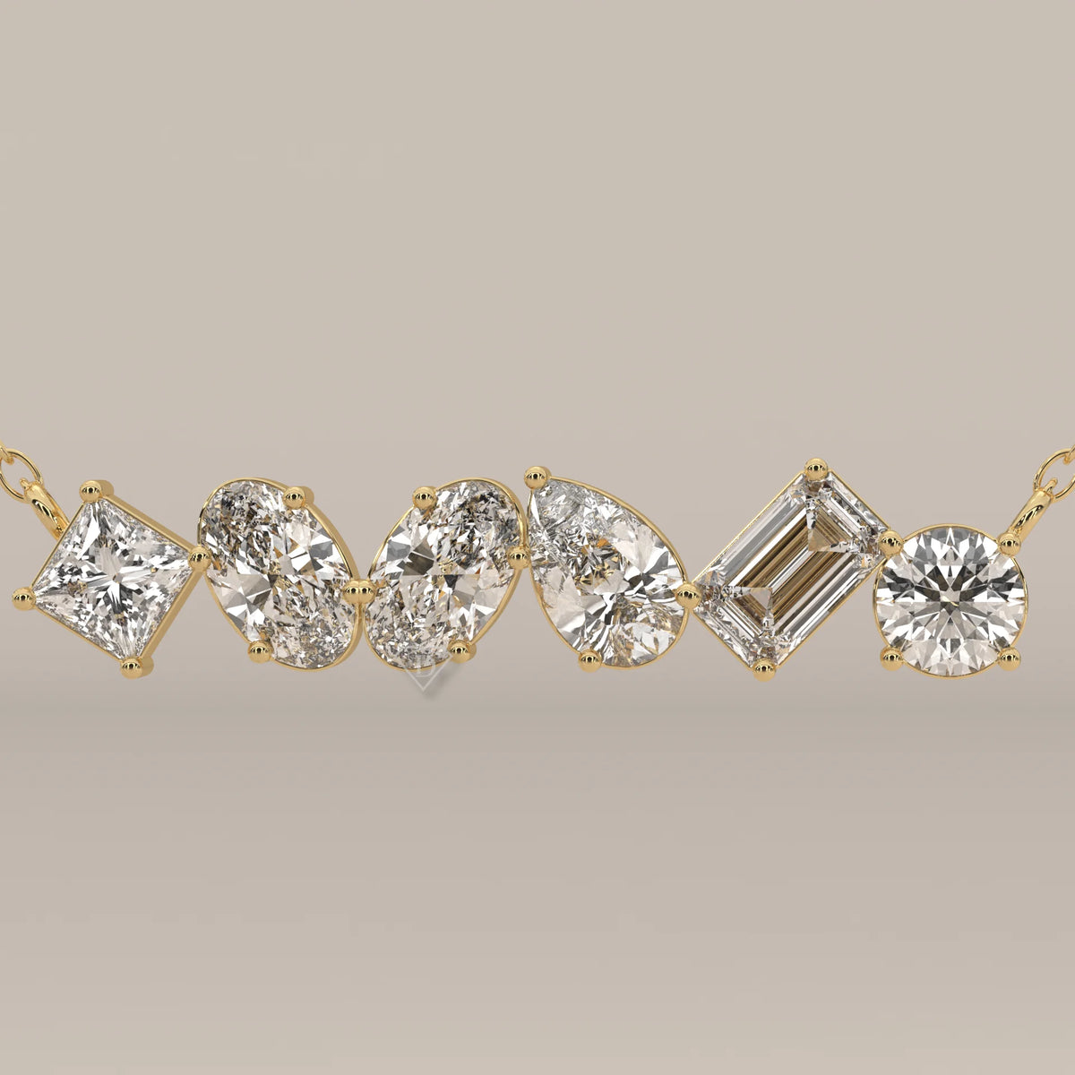 Six Mixed Cut Lab Grown Diamond East West Bar Pendant in yellow gold, photographed head-on.
