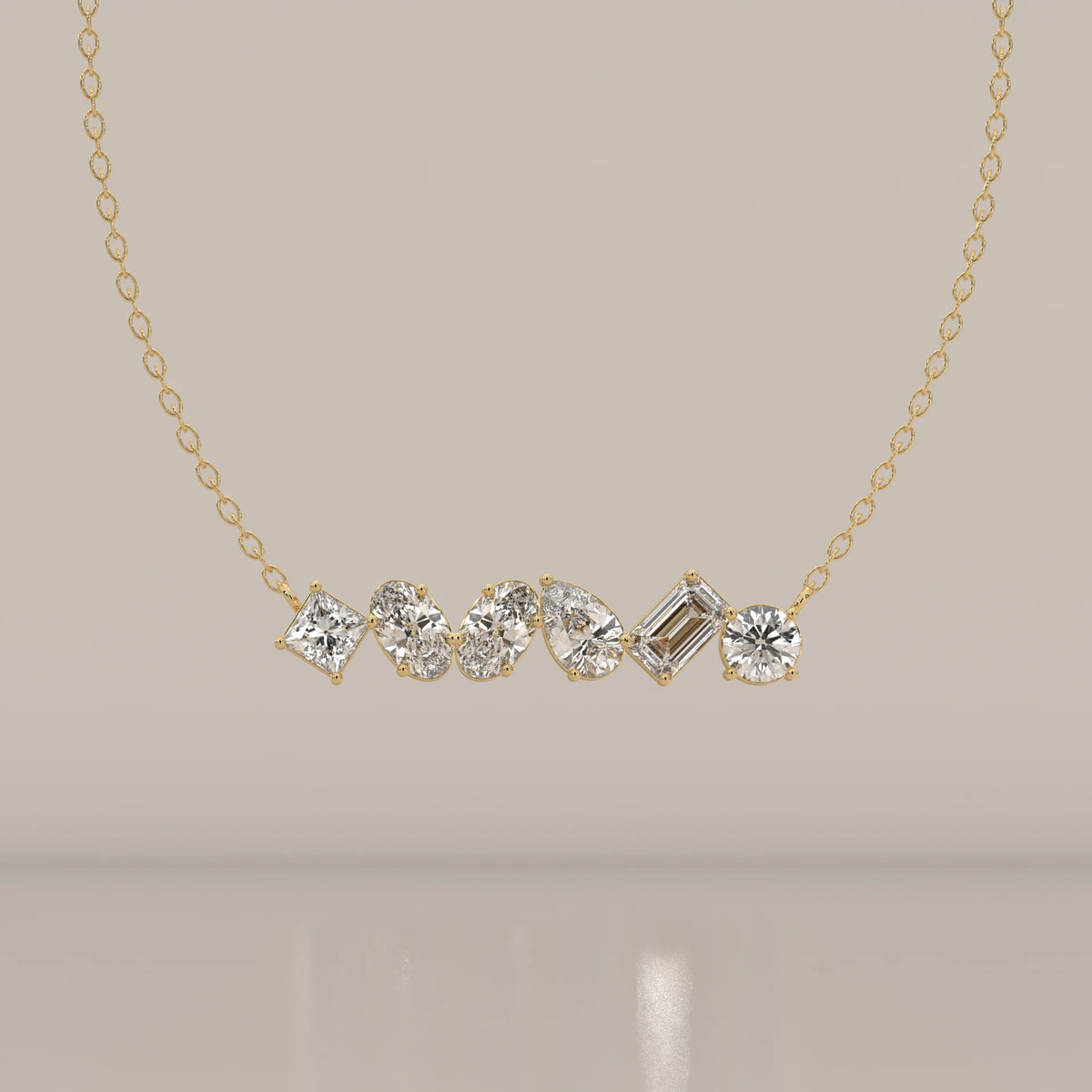 Six Mixed Cut Lab Grown Diamond East West Bar Pendant in yellow gold, shown from the front.