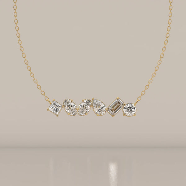Six Mixed Cut Lab Grown Diamond East West Bar Pendant in yellow gold, shown from the front.