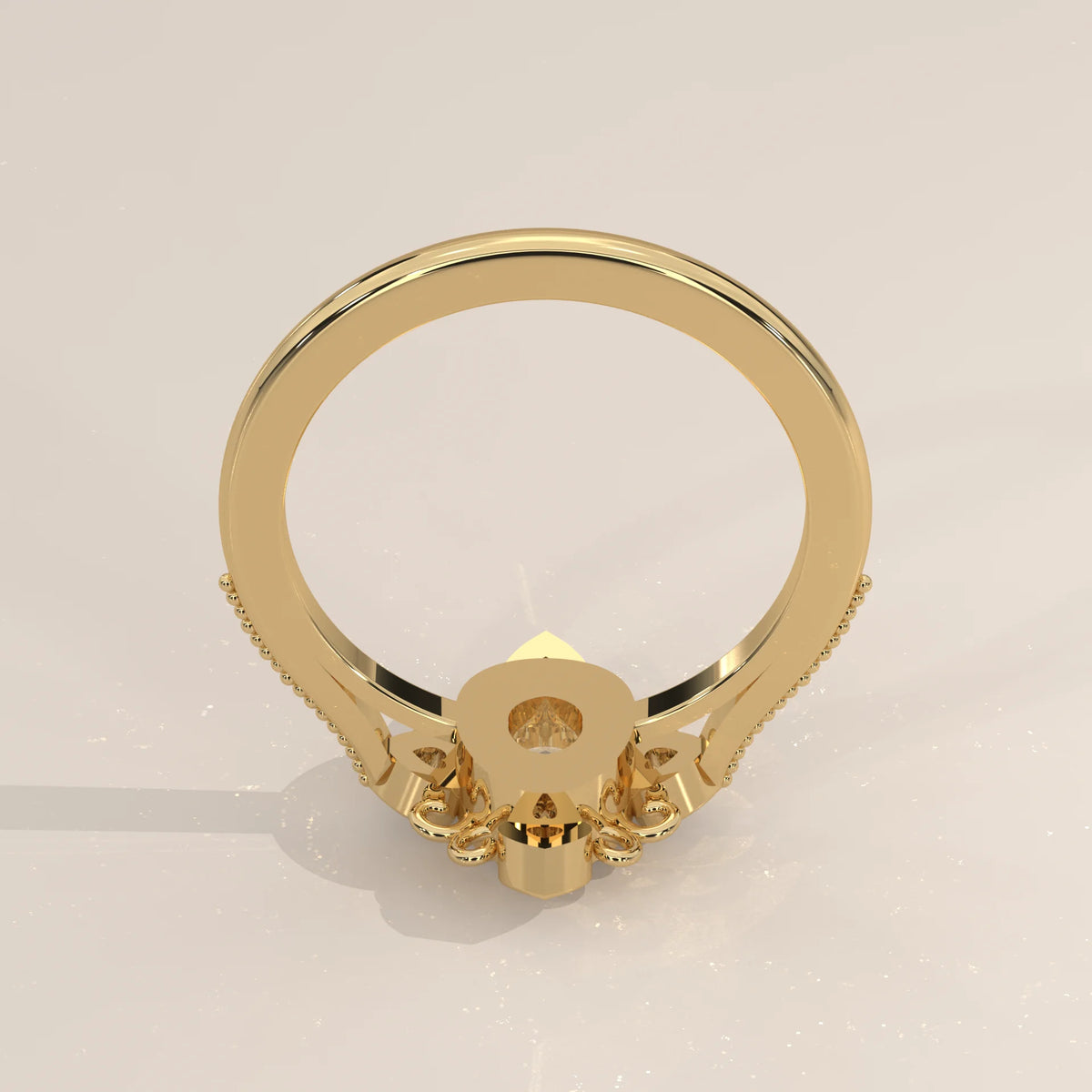 Oval Lab Grown Diamond Vintage Ring with Four Heart Accents in yellow gold, side profile view.
