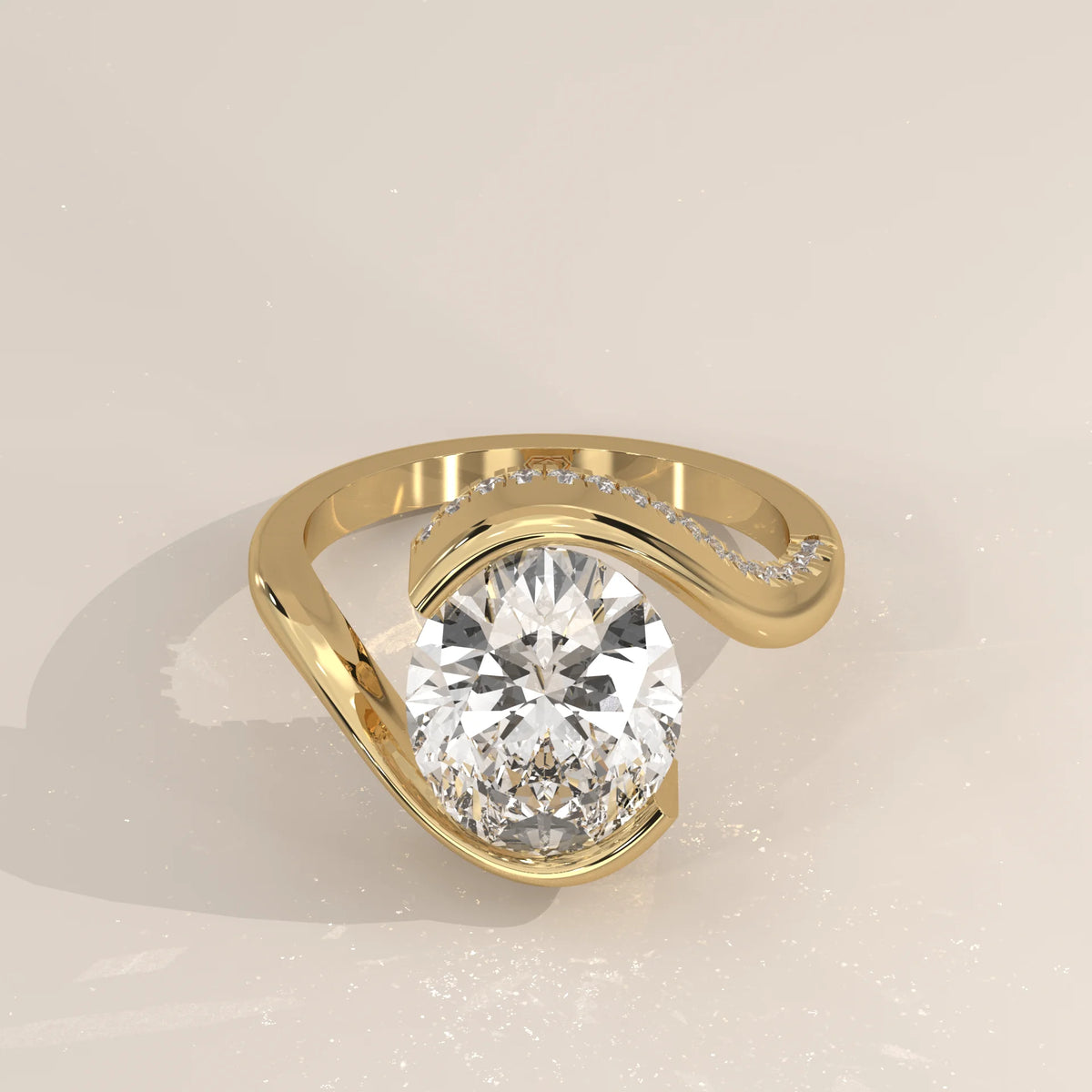 Slena 5 Carat Oval Lab Grown Diamond Bypass Ring, Pave Swirl in yellow gold, shown from the front.