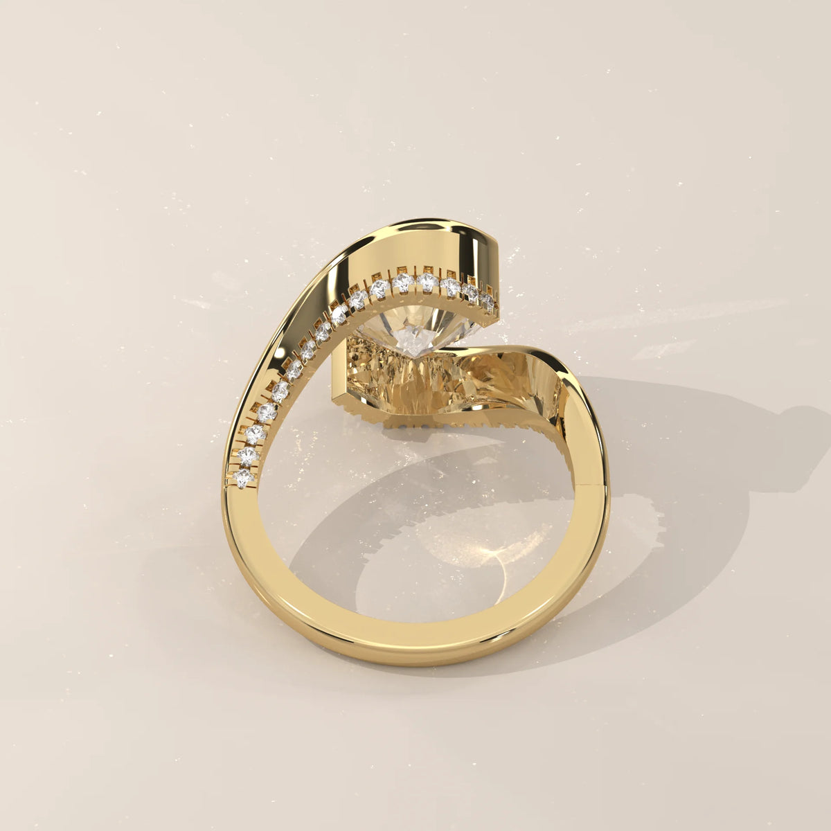 Slena 5 Carat Oval Lab Grown Diamond Bypass Ring, Pave Swirl in yellow gold, side profile view.