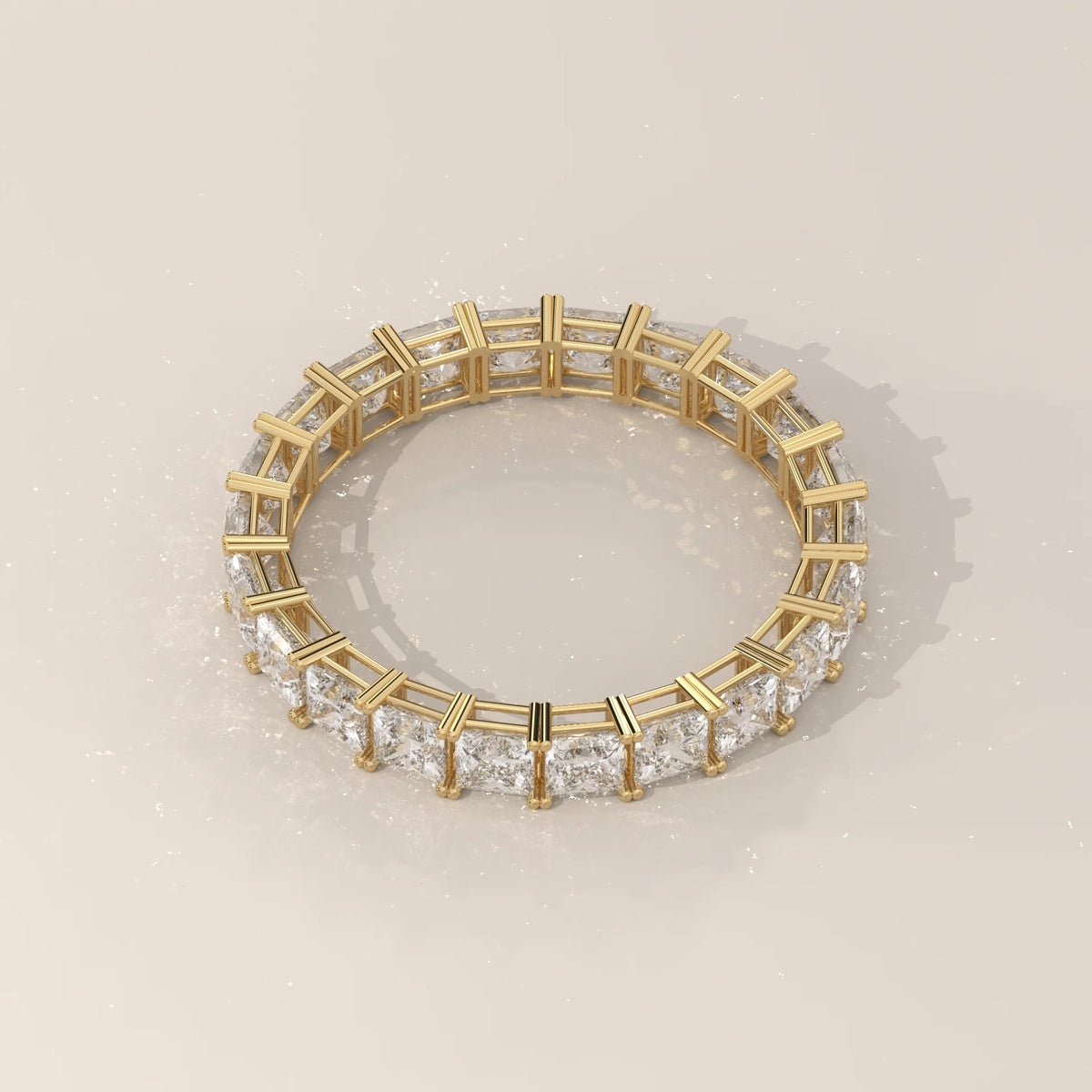 Slim Princess Cut Diamond Full Eternity Wedding Band in Gold in yellow gold, photographed at a three-quarter angle.